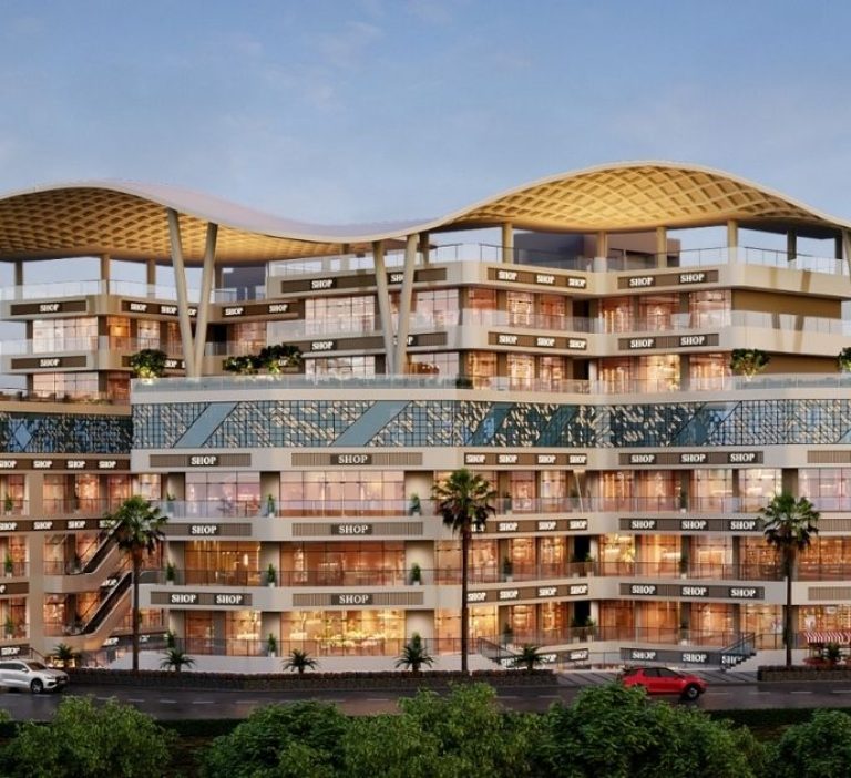 Multi-level shopping mall with repeating shop signs, glass fa&ccedil;ades, palm trees, and a curved lattice-covered roof.
